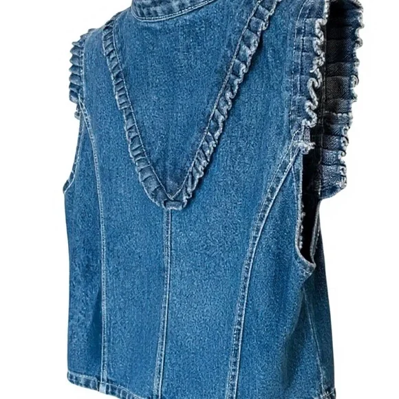 Vintage 90’s Tantrums Denim Ruffle Trim Open Front Lagenlook Boho Vest Women’s - Picture 5 of 11